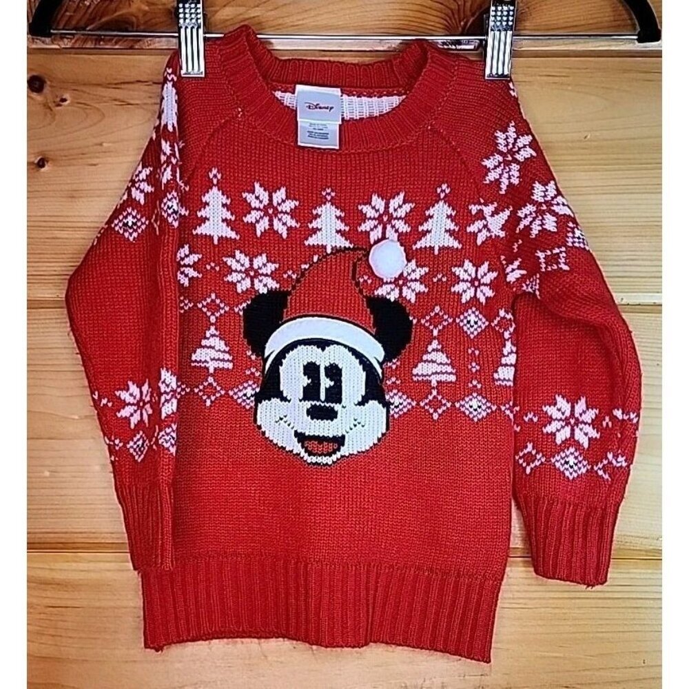 Disney Christmas Size 2T Mickey Mouse Red Knit Sweater Unisex Snowflakes, Trees